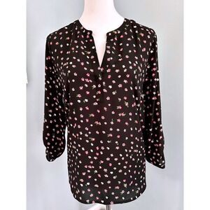 danielrainn black floral print 3/4 sleeve tunic‎ blouse womens size medium